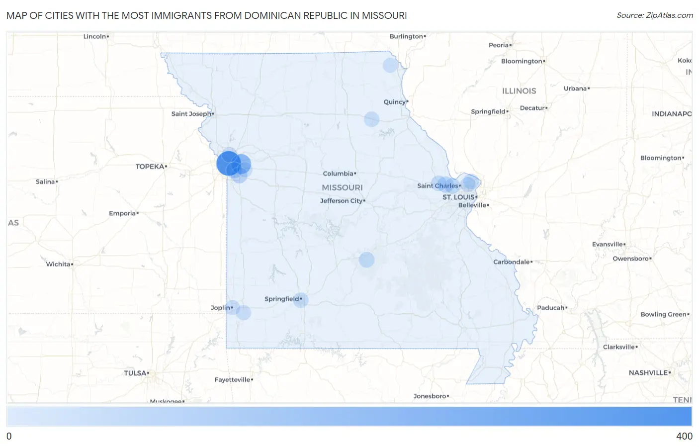 Cities with the Most Immigrants from Dominican Republic in Missouri Map