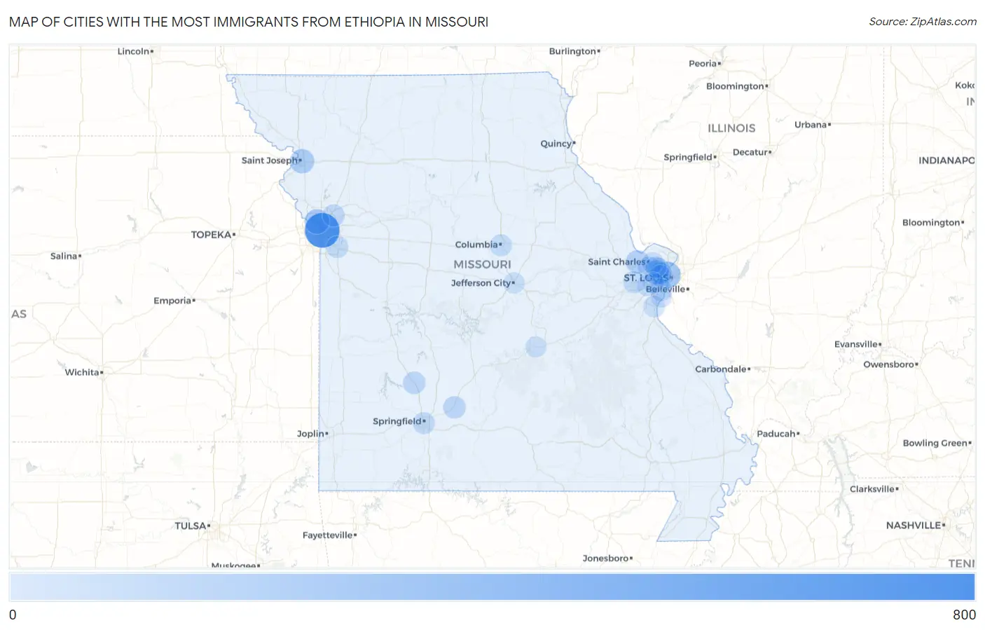 Cities with the Most Immigrants from Ethiopia in Missouri Map