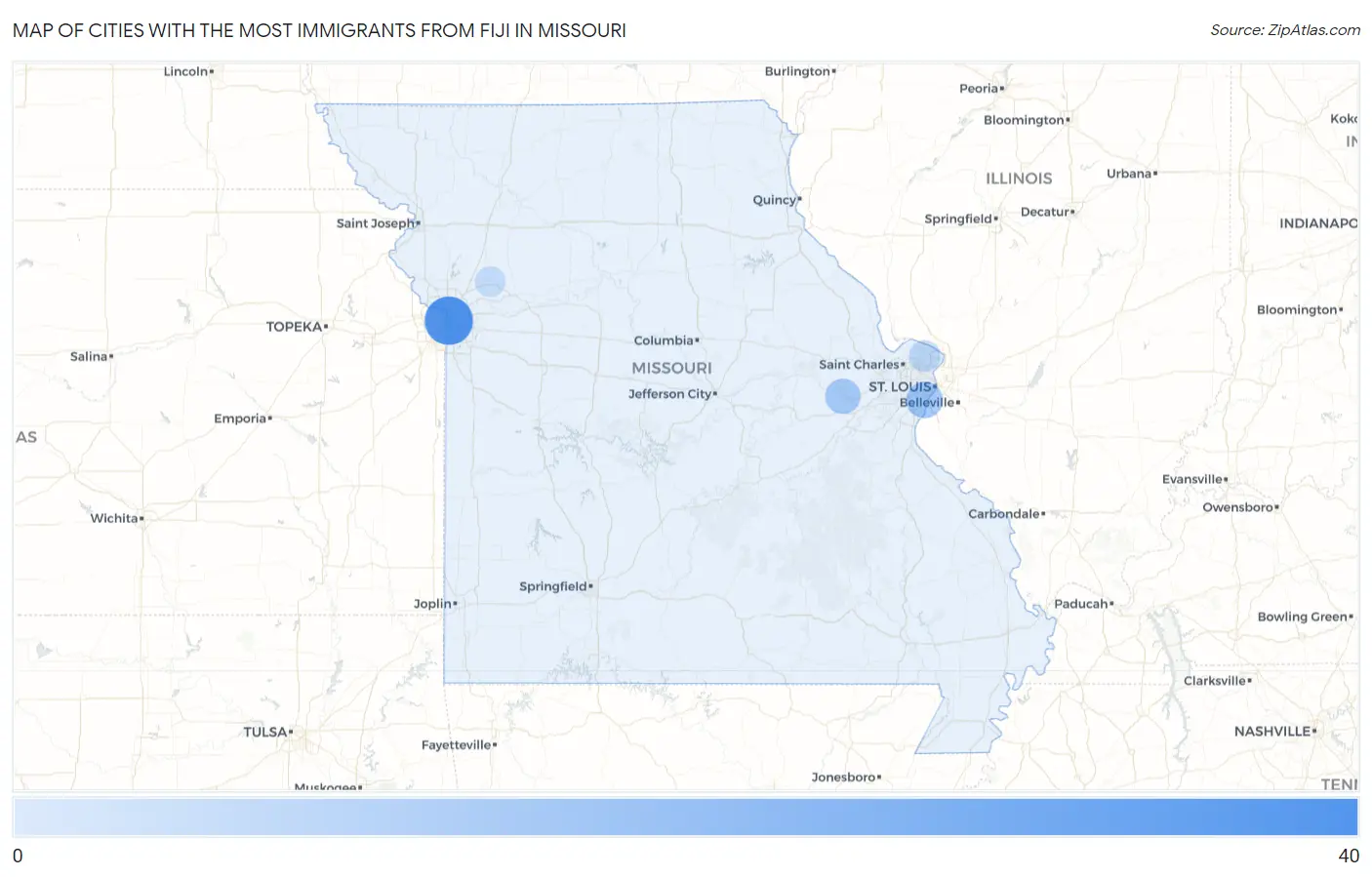 Cities with the Most Immigrants from Fiji in Missouri Map