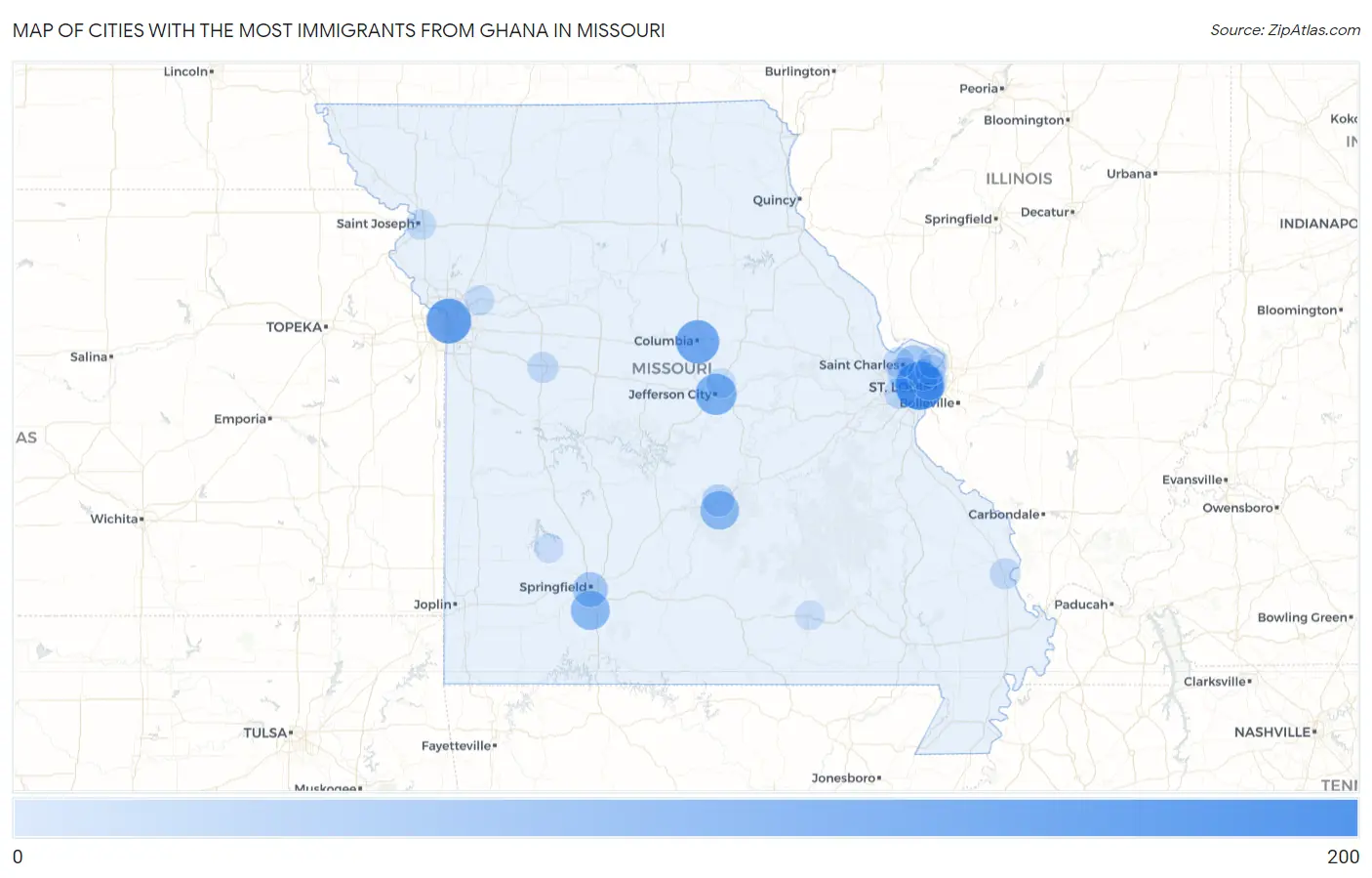Cities with the Most Immigrants from Ghana in Missouri Map