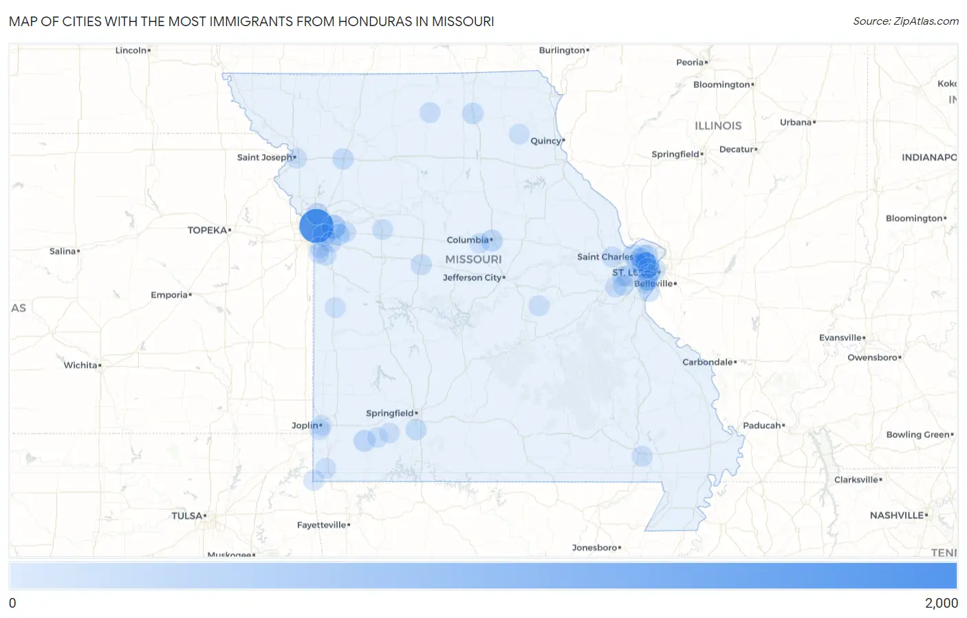 Cities with the Most Immigrants from Honduras in Missouri Map