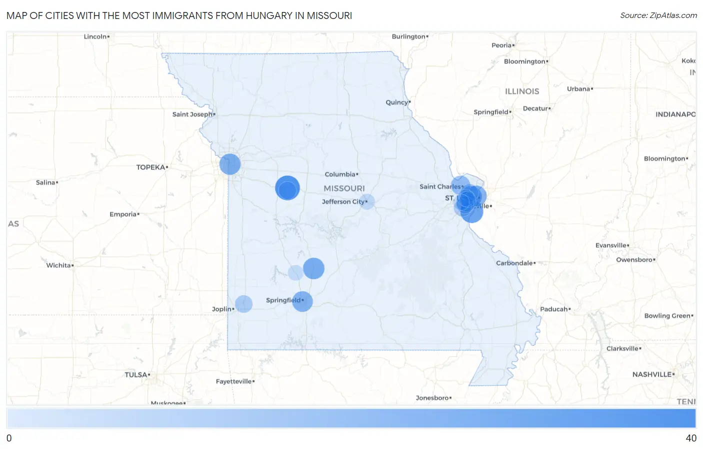 Cities with the Most Immigrants from Hungary in Missouri Map