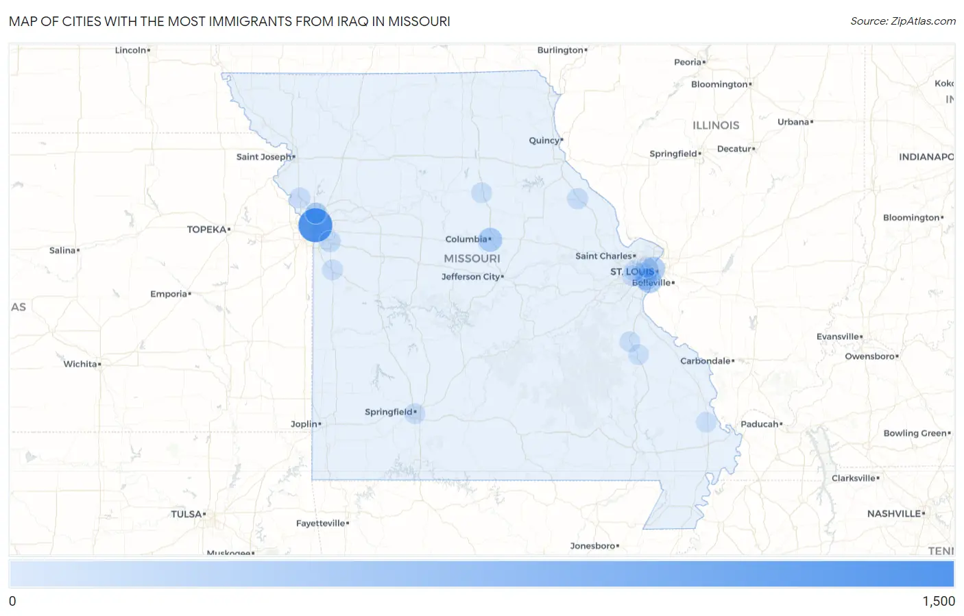 Cities with the Most Immigrants from Iraq in Missouri Map