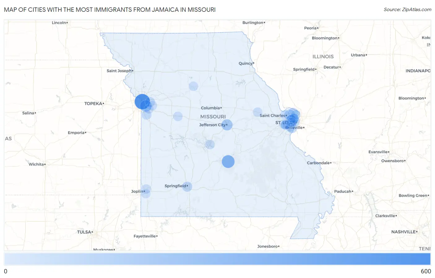 Cities with the Most Immigrants from Jamaica in Missouri Map