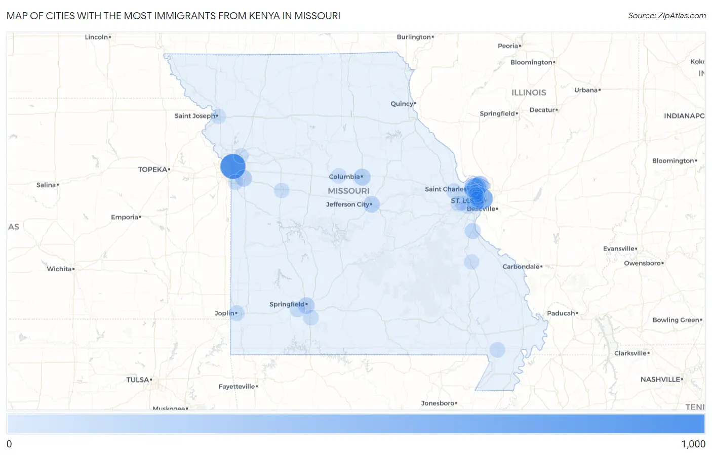 Cities with the Most Immigrants from Kenya in Missouri Map