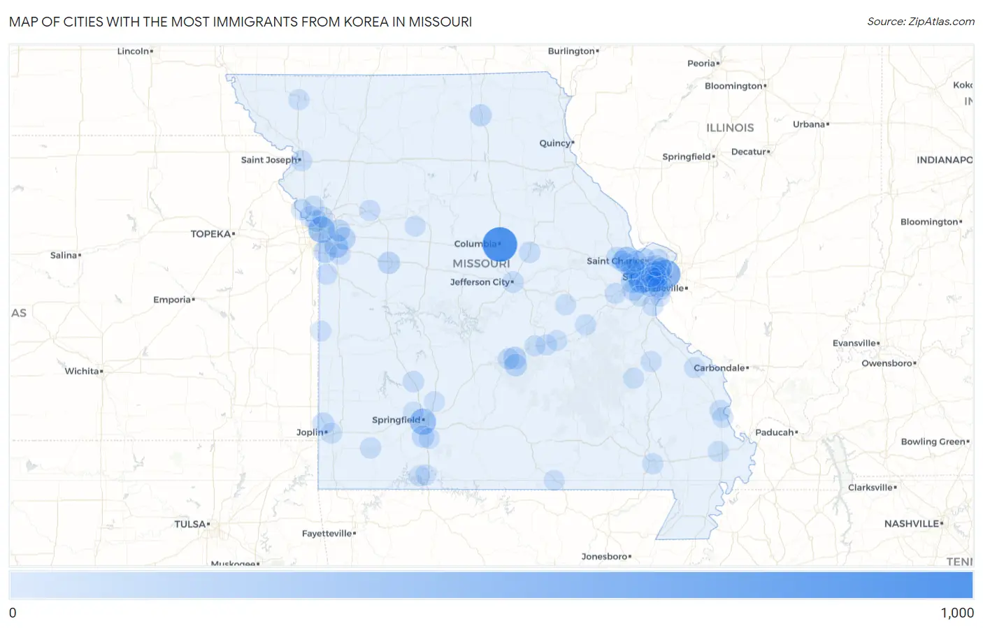 Cities with the Most Immigrants from Korea in Missouri Map