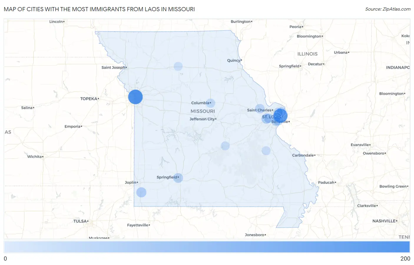 Cities with the Most Immigrants from Laos in Missouri Map