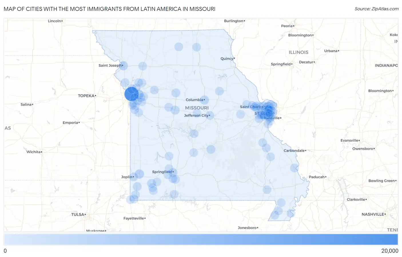 Cities with the Most Immigrants from Latin America in Missouri Map