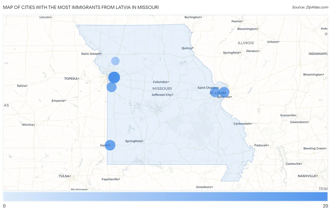Cities with the Most Immigrants from Latvia in Missouri Map