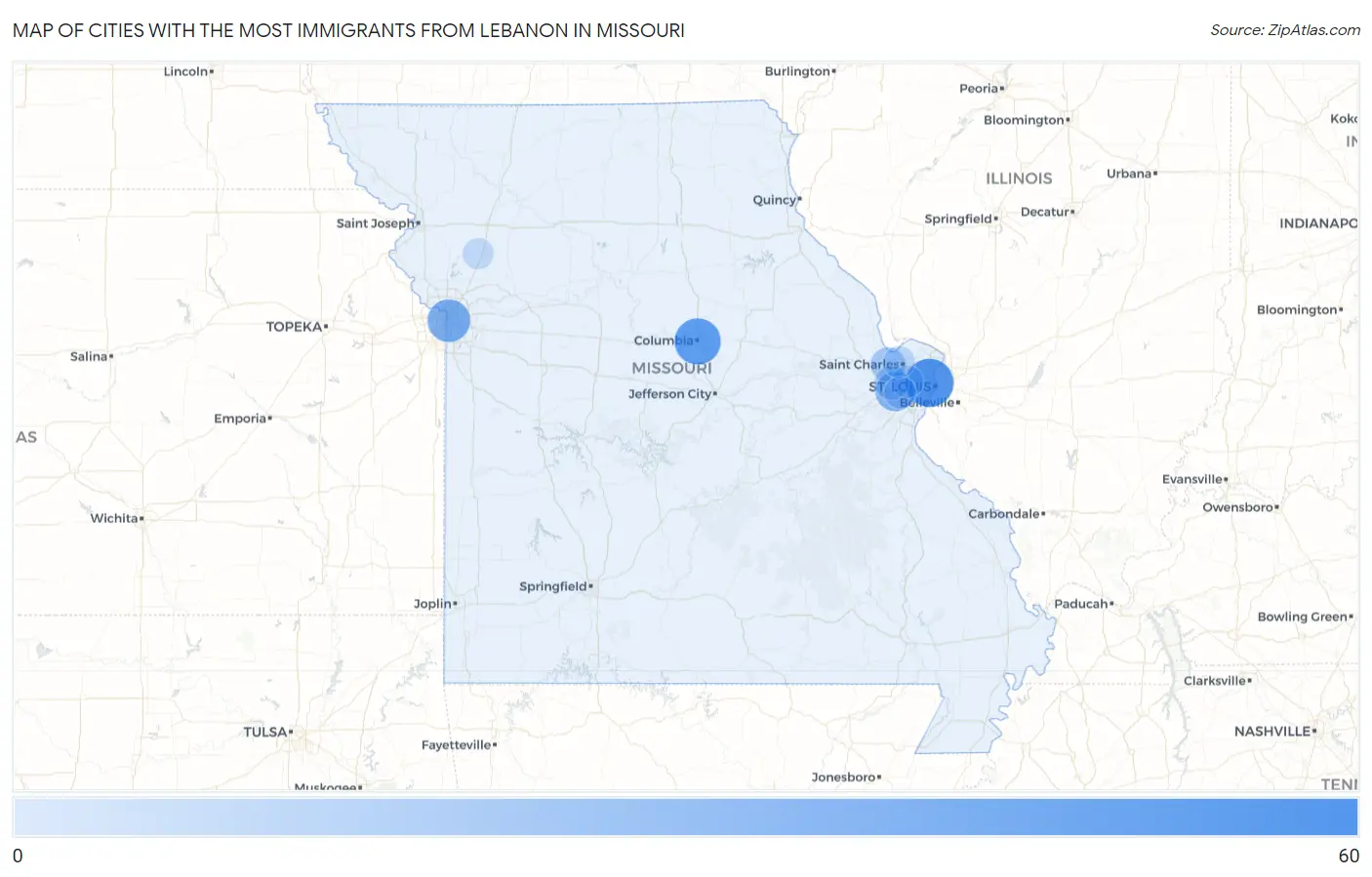 Cities with the Most Immigrants from Lebanon in Missouri Map