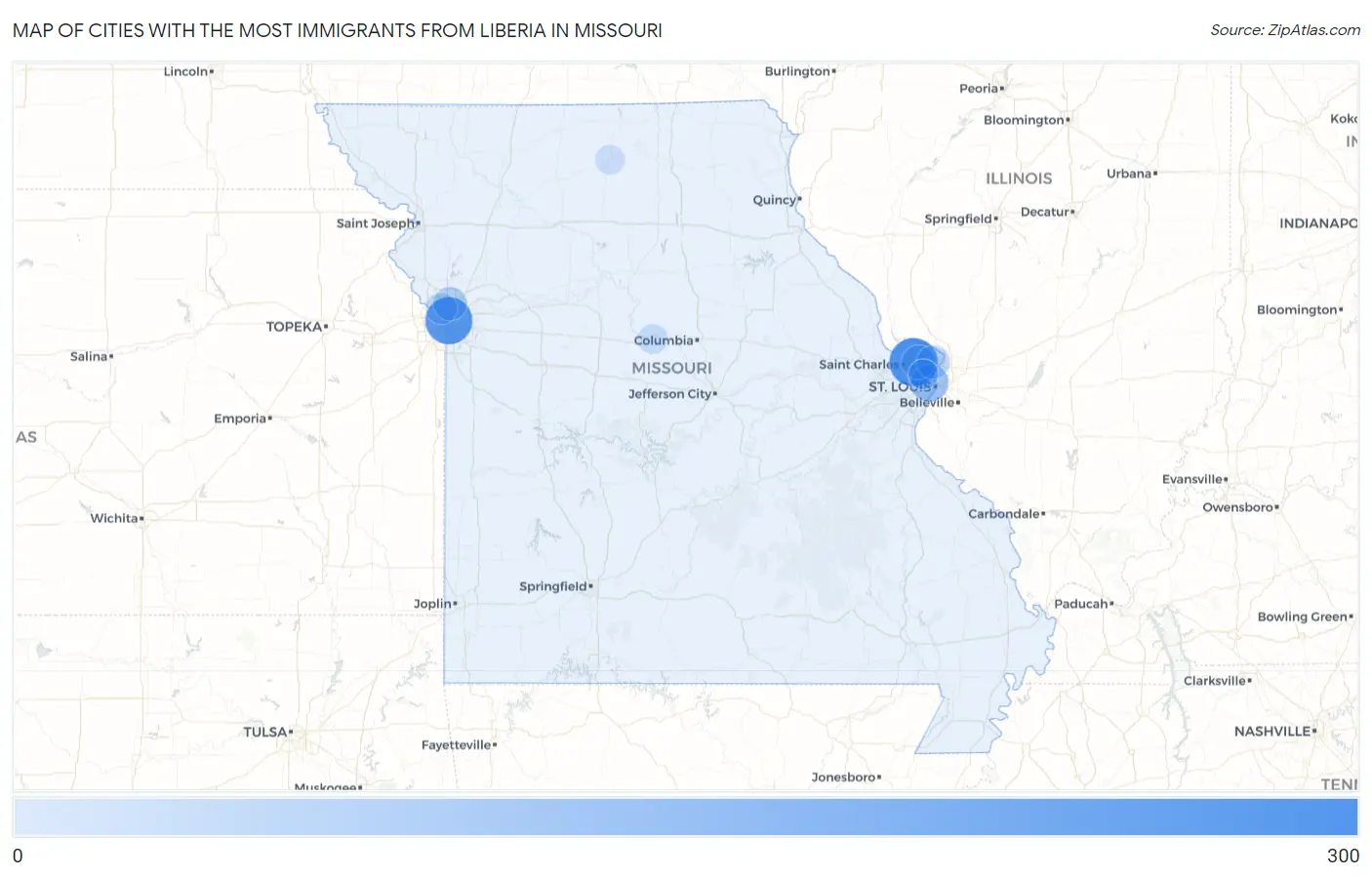 Cities with the Most Immigrants from Liberia in Missouri Map