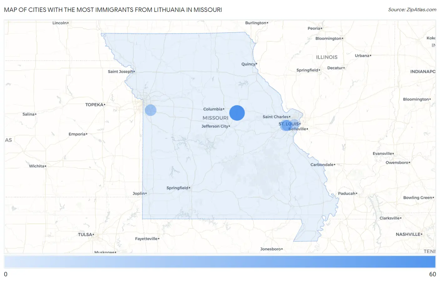 Cities with the Most Immigrants from Lithuania in Missouri Map