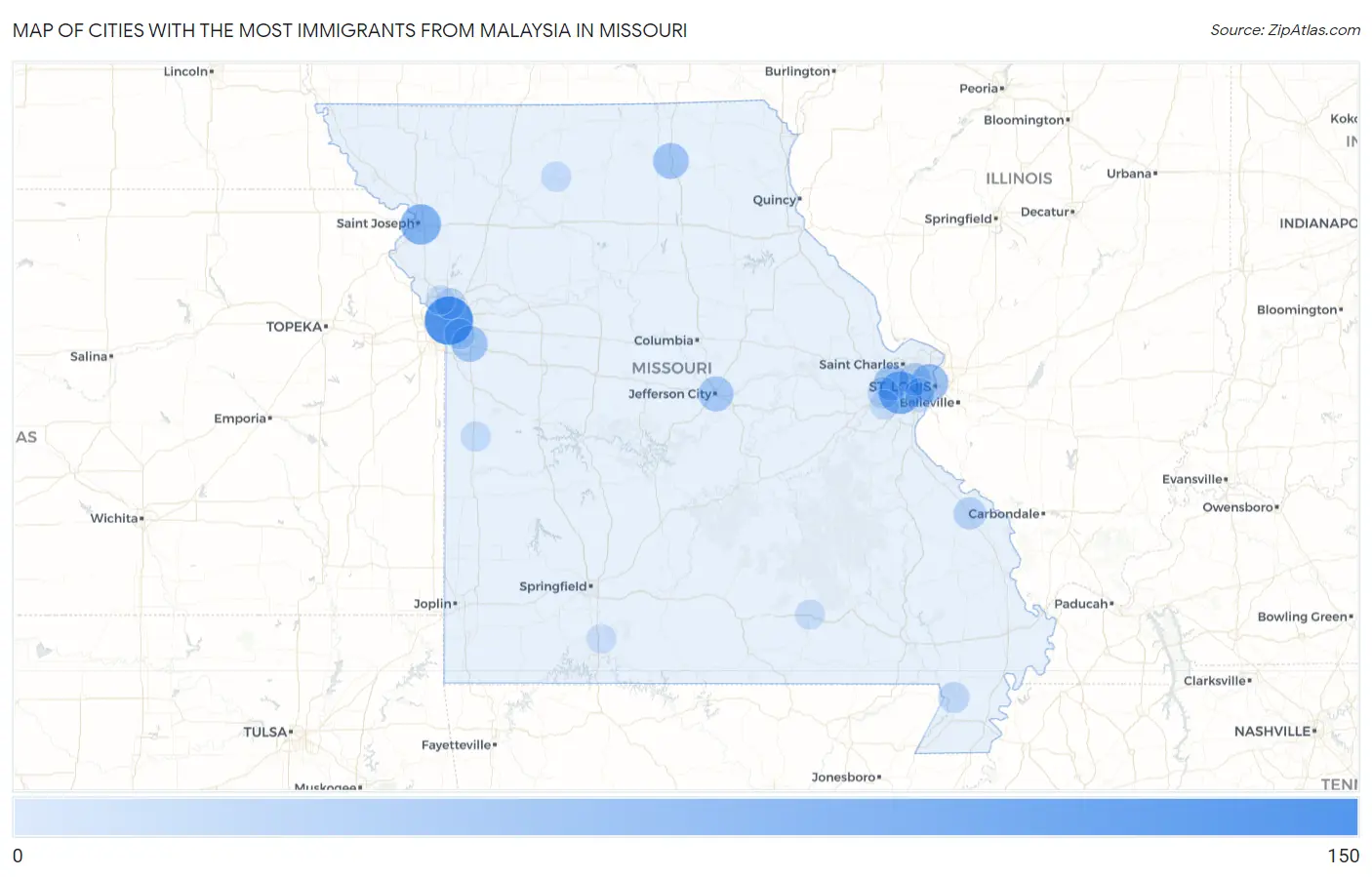 Cities with the Most Immigrants from Malaysia in Missouri Map
