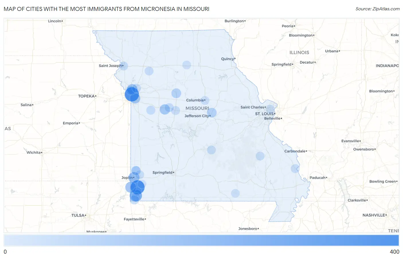Cities with the Most Immigrants from Micronesia in Missouri Map