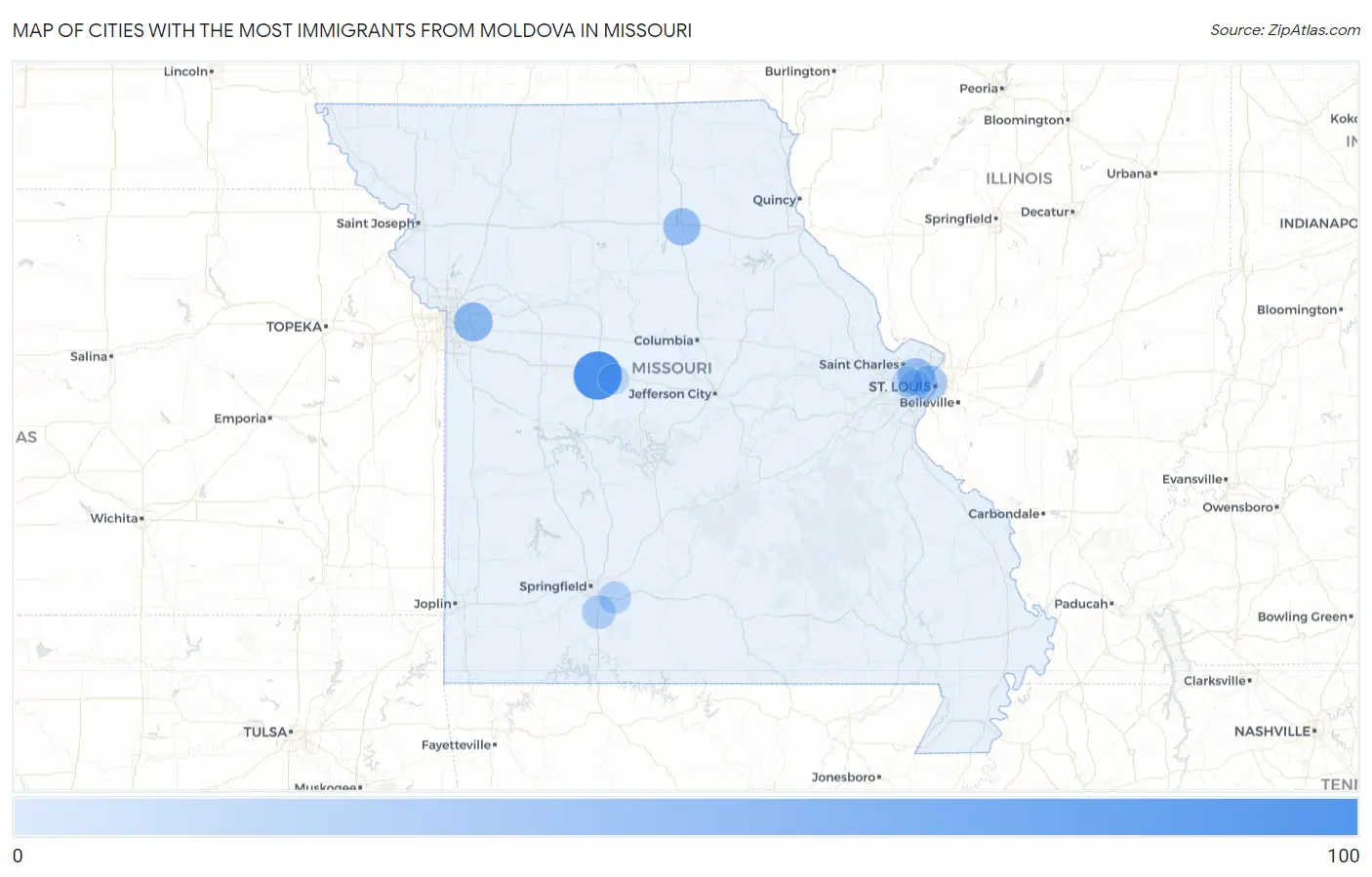 Cities with the Most Immigrants from Moldova in Missouri Map