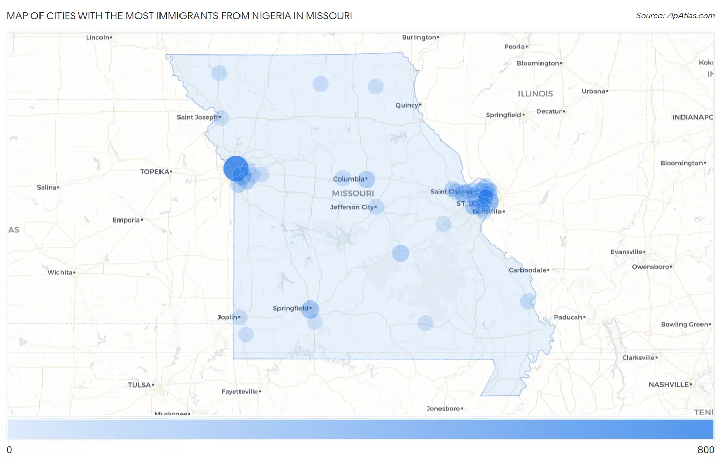 Cities with the Most Immigrants from Nigeria in Missouri Map