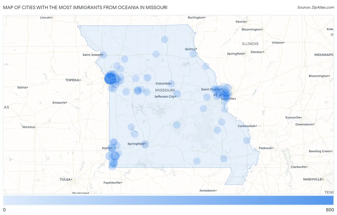 Cities with the Most Immigrants from Oceania in Missouri Map