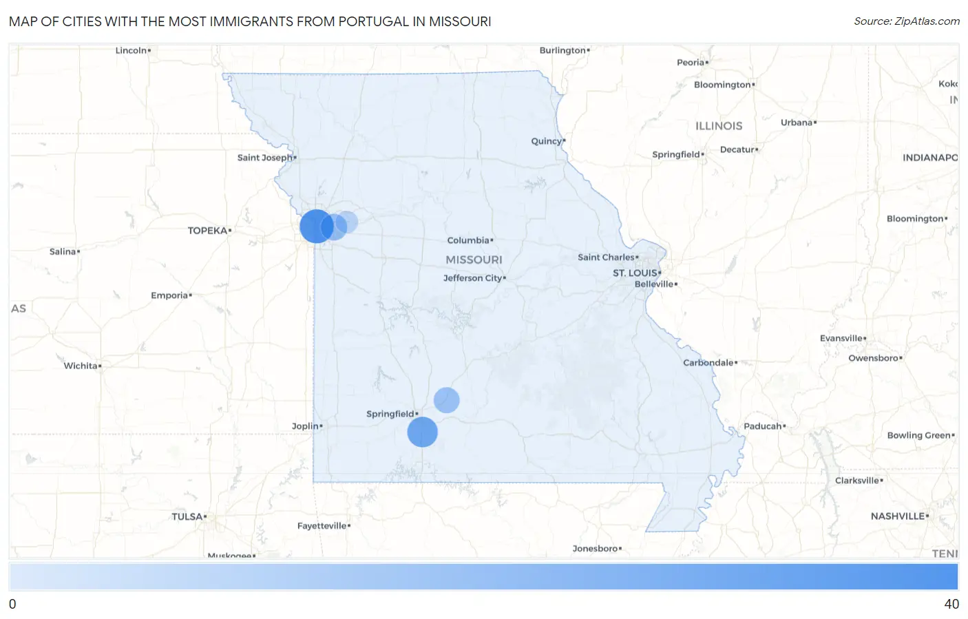 Cities with the Most Immigrants from Portugal in Missouri Map