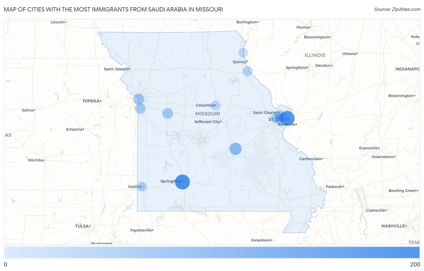 Cities with the Most Immigrants from Saudi Arabia in Missouri Map