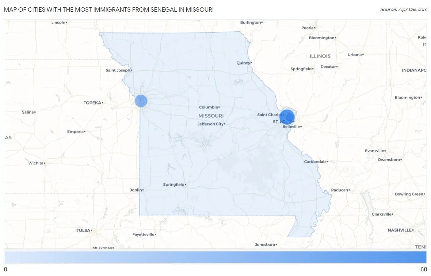 Cities with the Most Immigrants from Senegal in Missouri Map