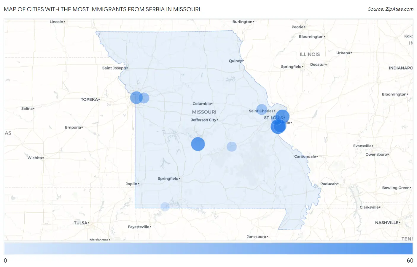 Cities with the Most Immigrants from Serbia in Missouri Map