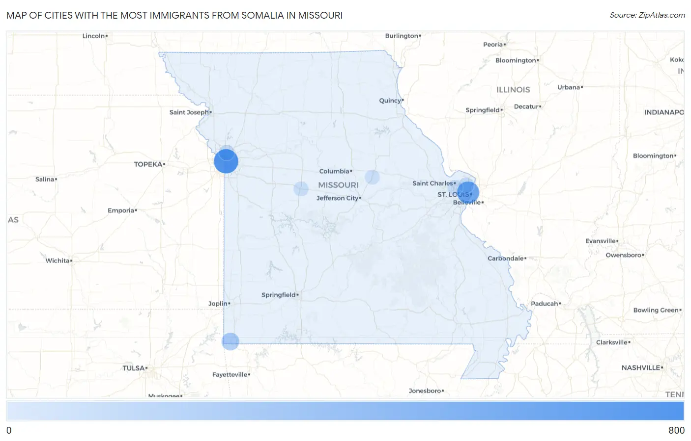 Cities with the Most Immigrants from Somalia in Missouri Map