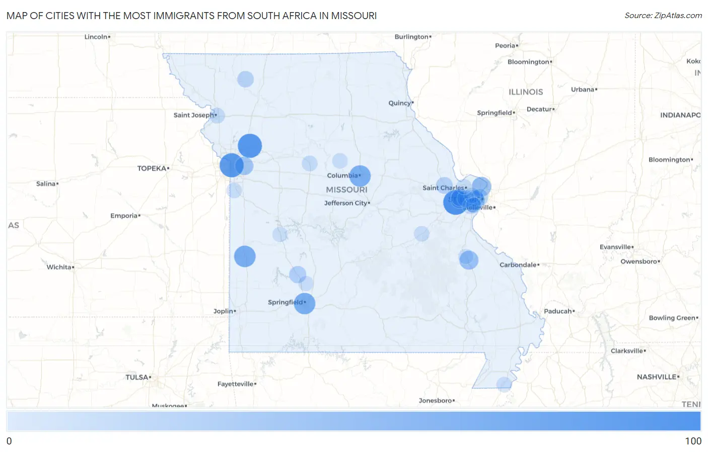 Cities with the Most Immigrants from South Africa in Missouri Map