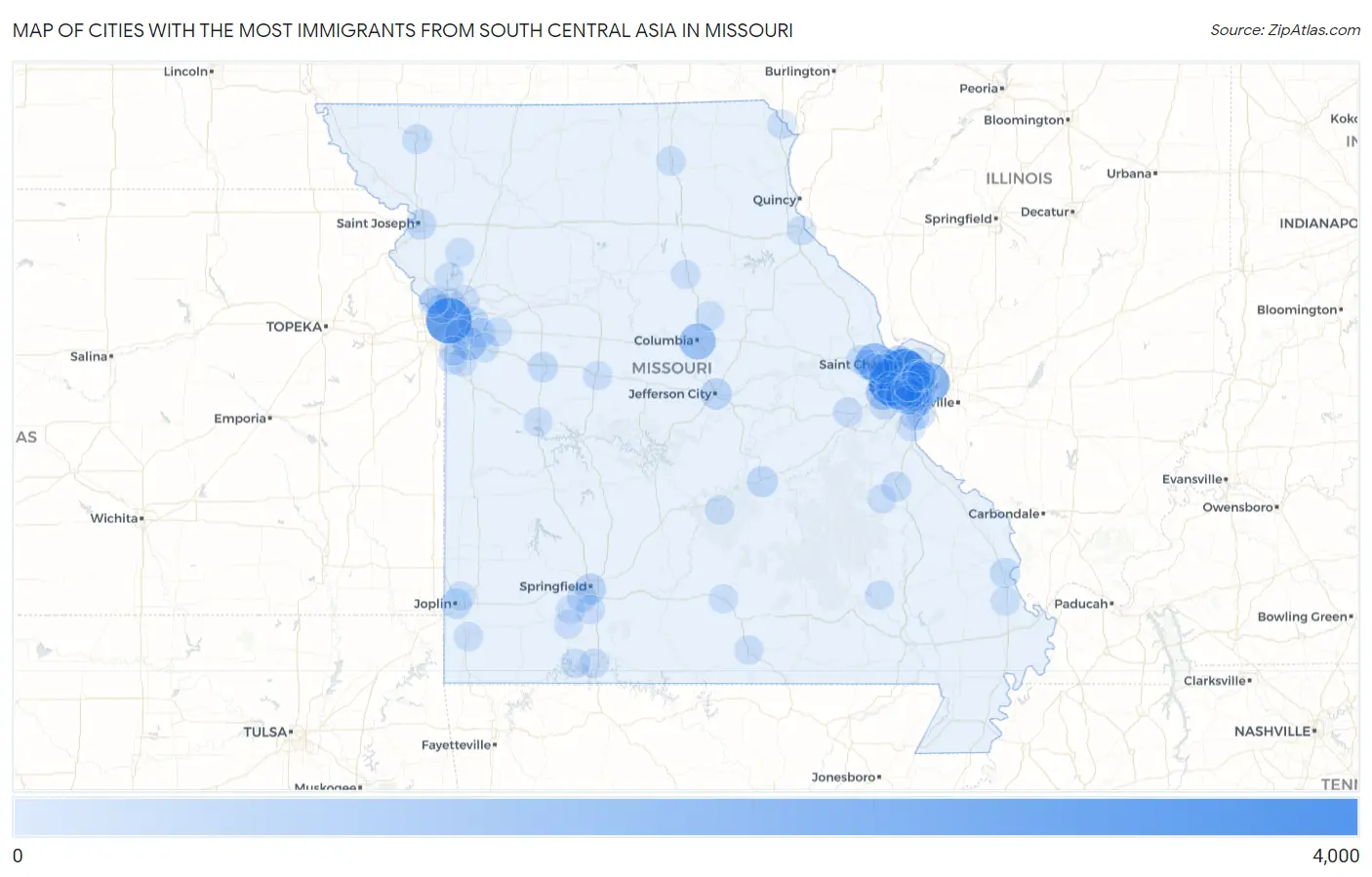 Cities with the Most Immigrants from South Central Asia in Missouri Map