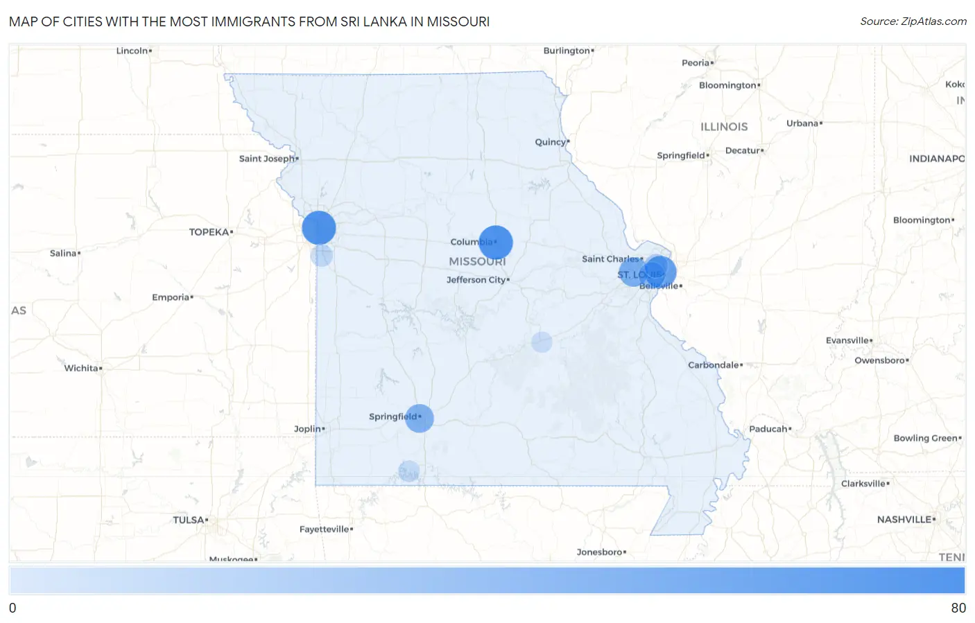 Cities with the Most Immigrants from Sri Lanka in Missouri Map
