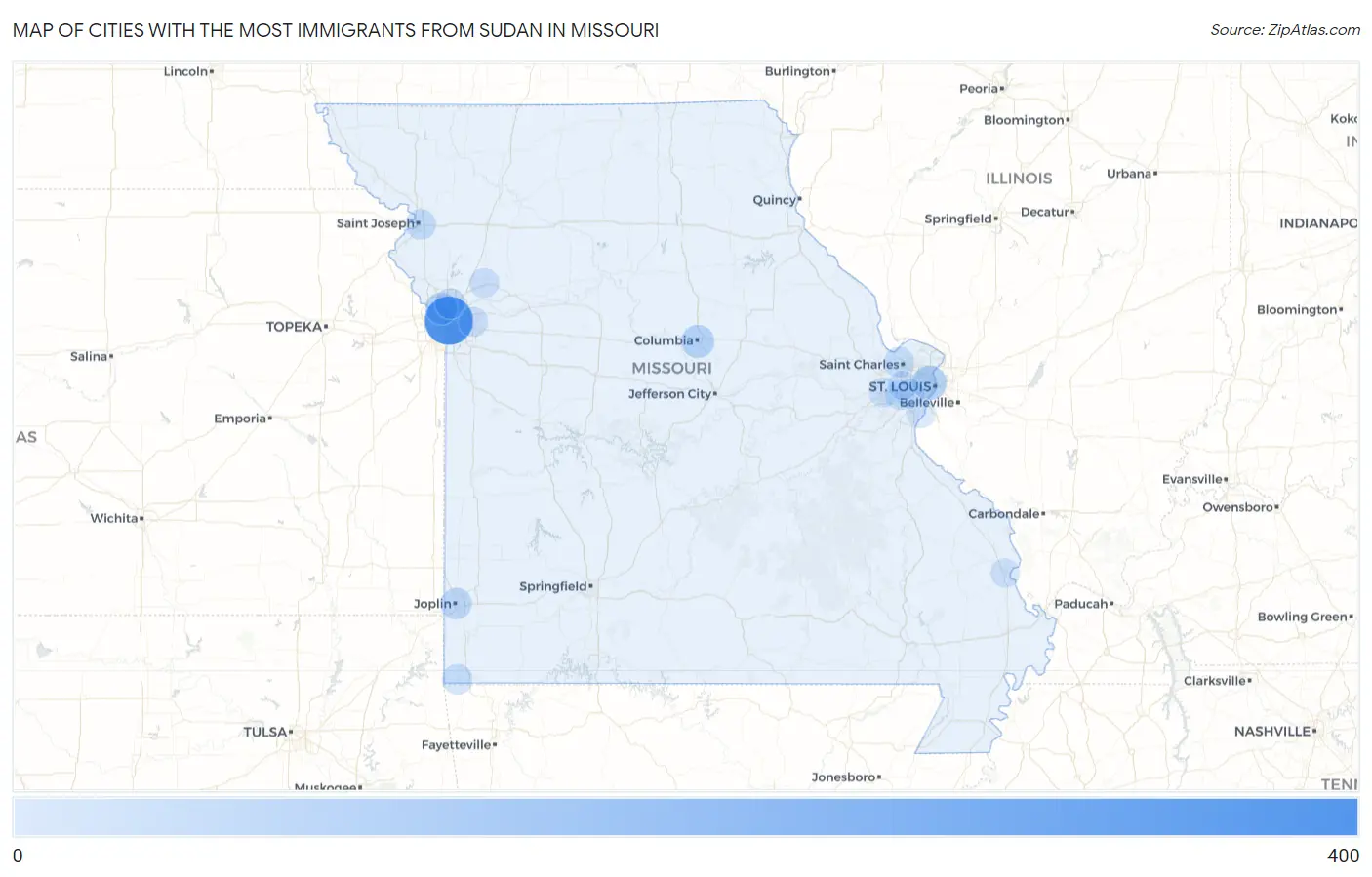 Cities with the Most Immigrants from Sudan in Missouri Map