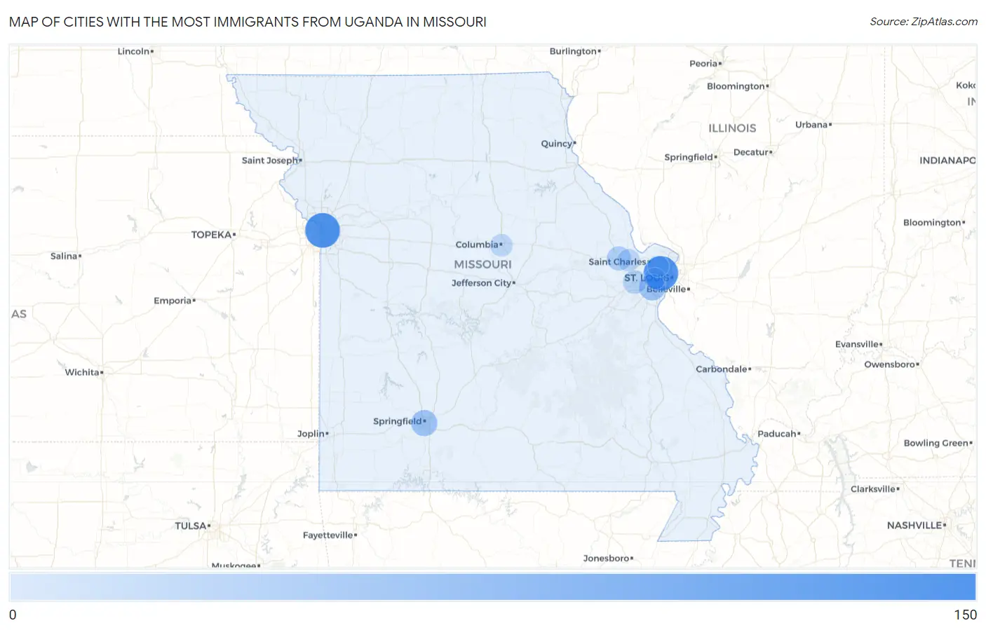 Cities with the Most Immigrants from Uganda in Missouri Map