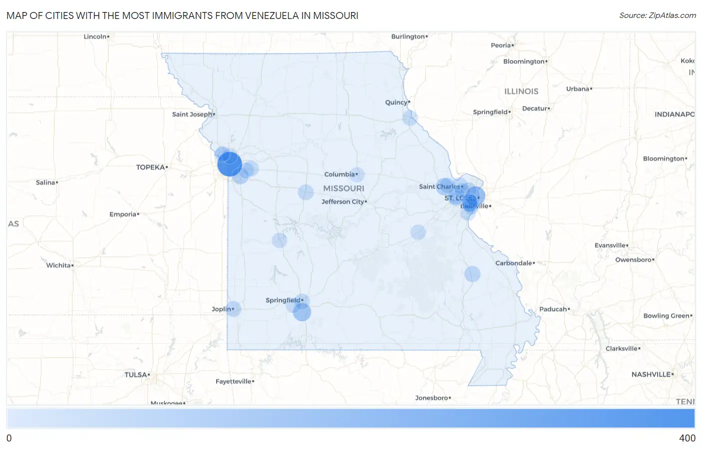 Cities with the Most Immigrants from Venezuela in Missouri Map