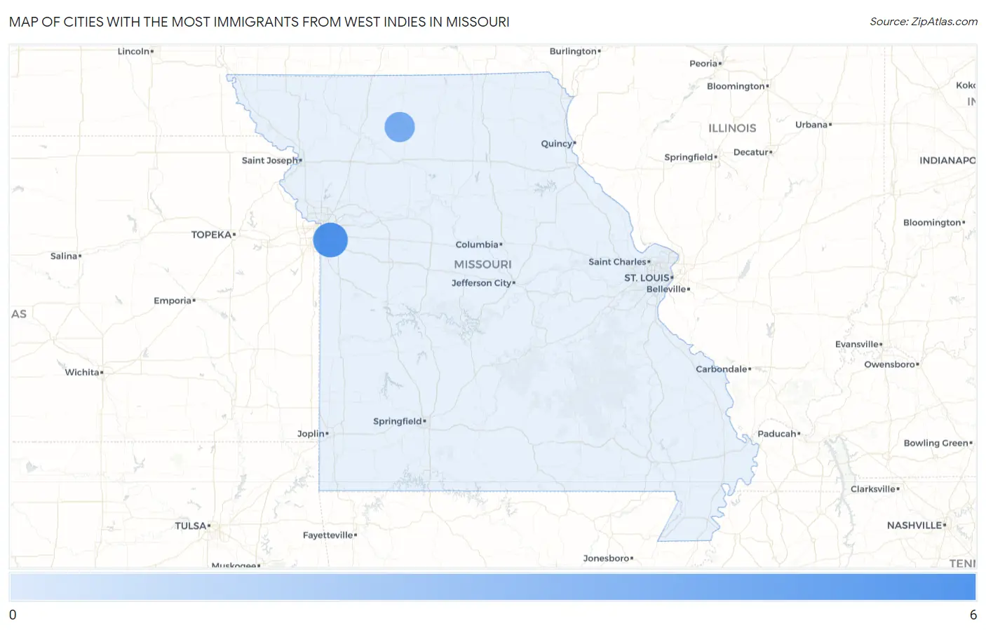 Cities with the Most Immigrants from West Indies in Missouri Map