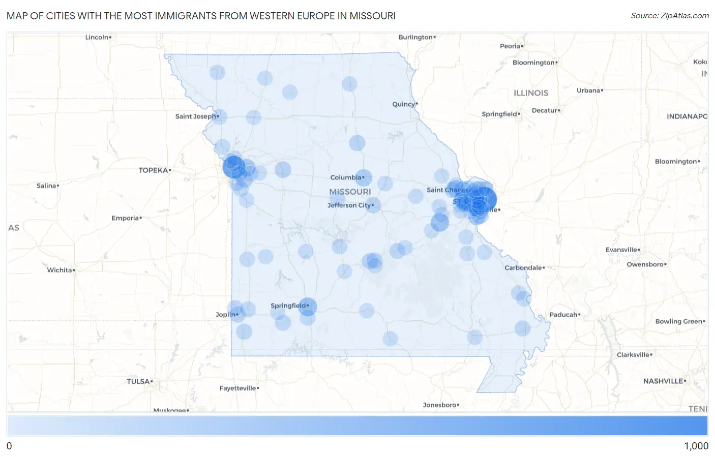 Cities with the Most Immigrants from Western Europe in Missouri Map