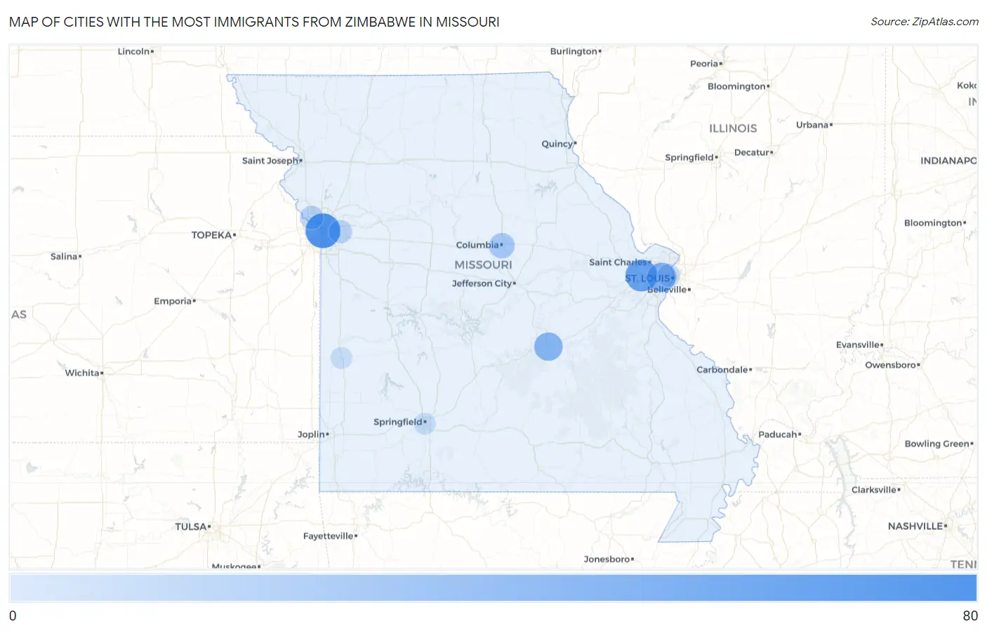 Cities with the Most Immigrants from Zimbabwe in Missouri Map