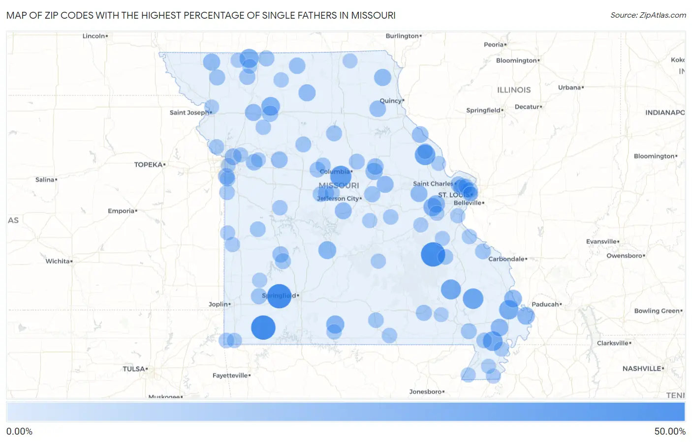 Zip Codes with the Highest Percentage of Single Fathers in Missouri Map