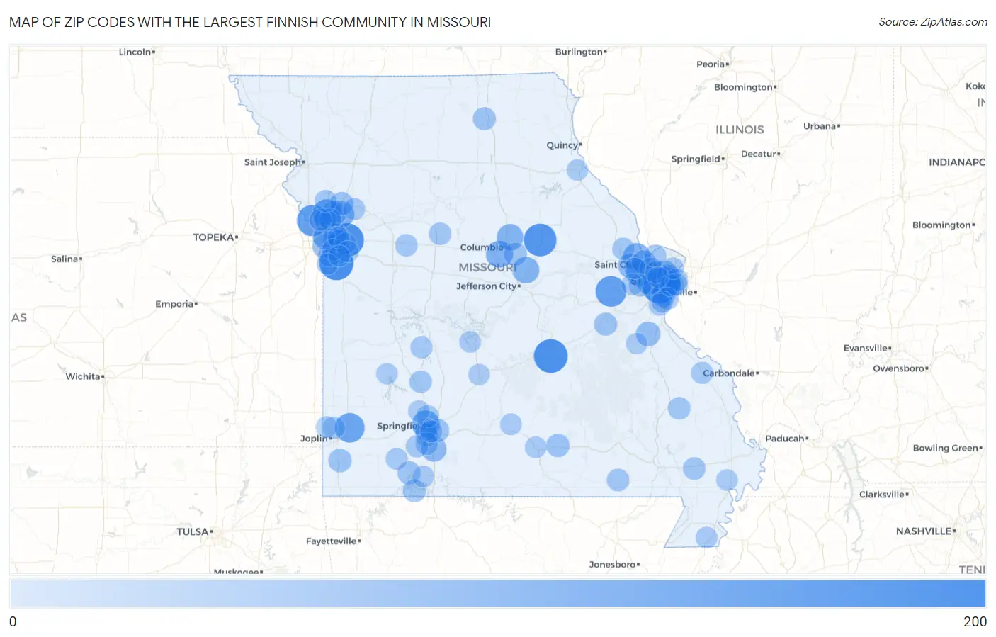 Zip Codes with the Largest Finnish Community in Missouri Map