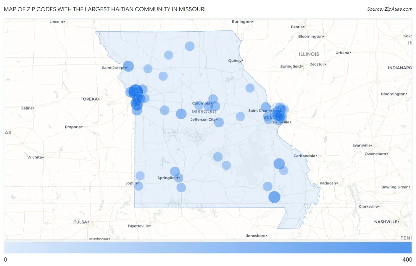 Zip Codes with the Largest Haitian Community in Missouri Map