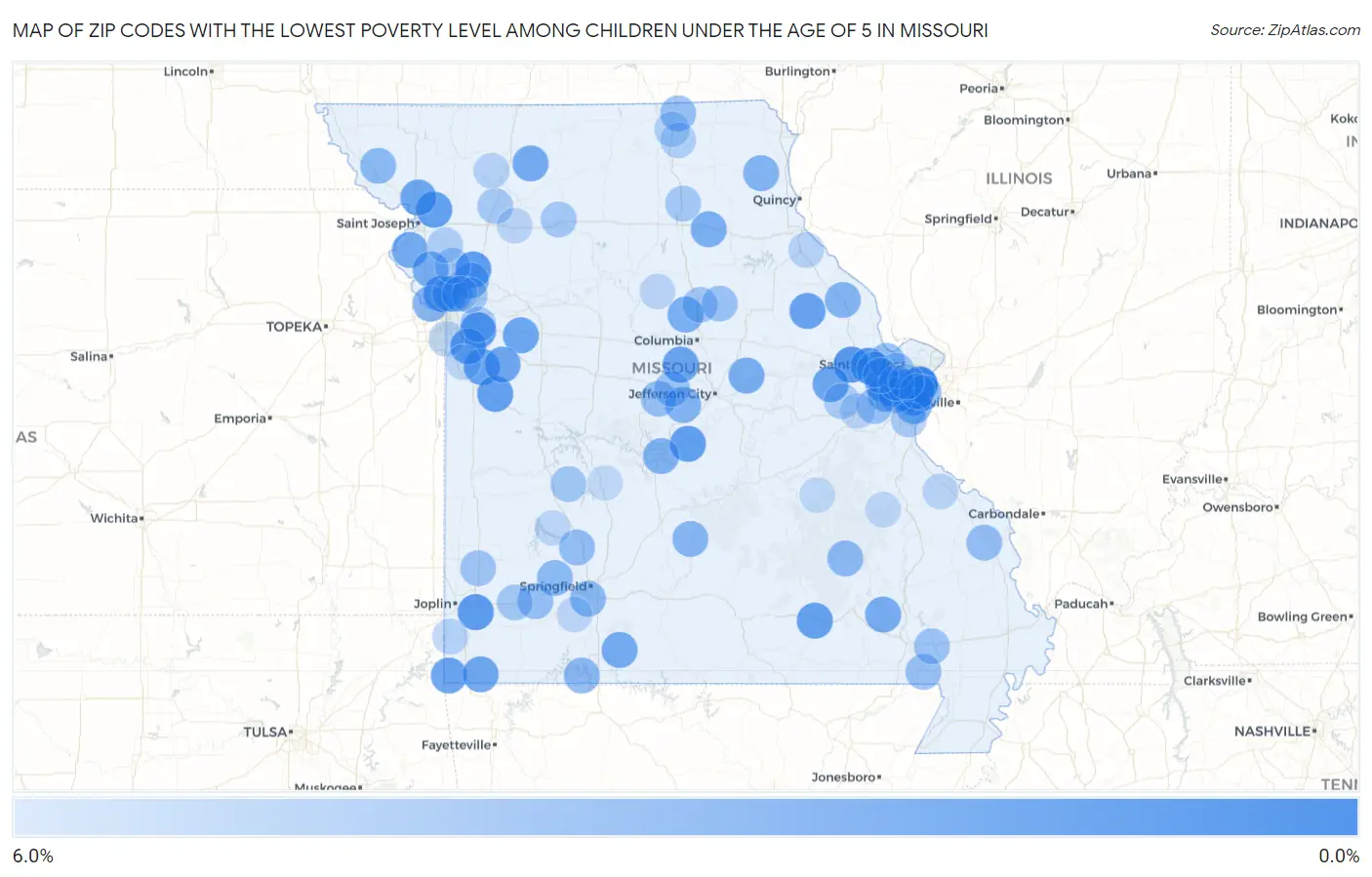 Zip Codes with the Lowest Poverty Level Among Children Under the Age of 5 in Missouri Map