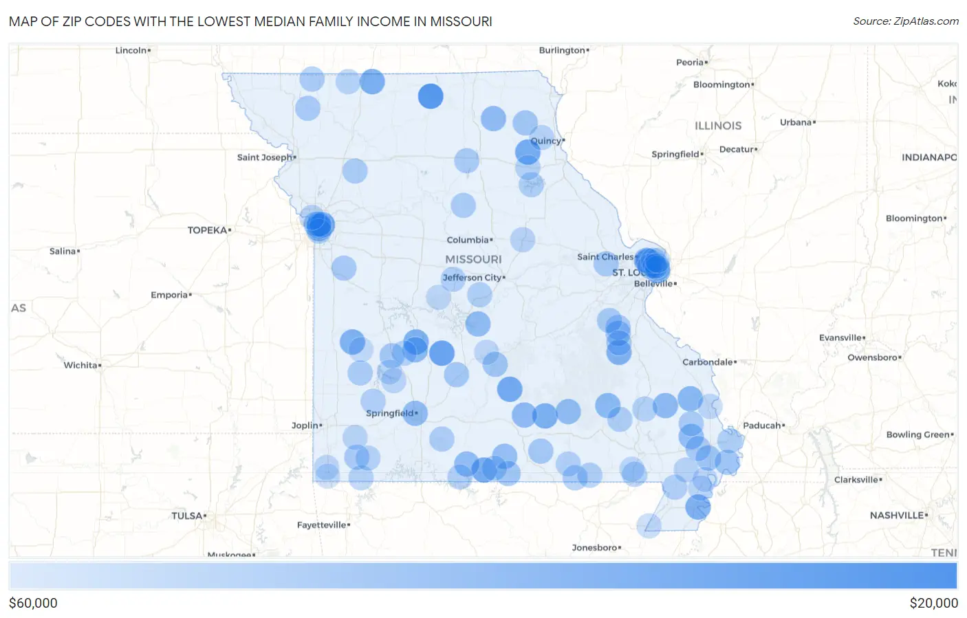 Zip Codes with the Lowest Median Family Income in Missouri Map