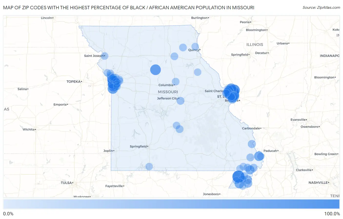 Zip Codes with the Highest Percentage of Black / African American Population in Missouri Map