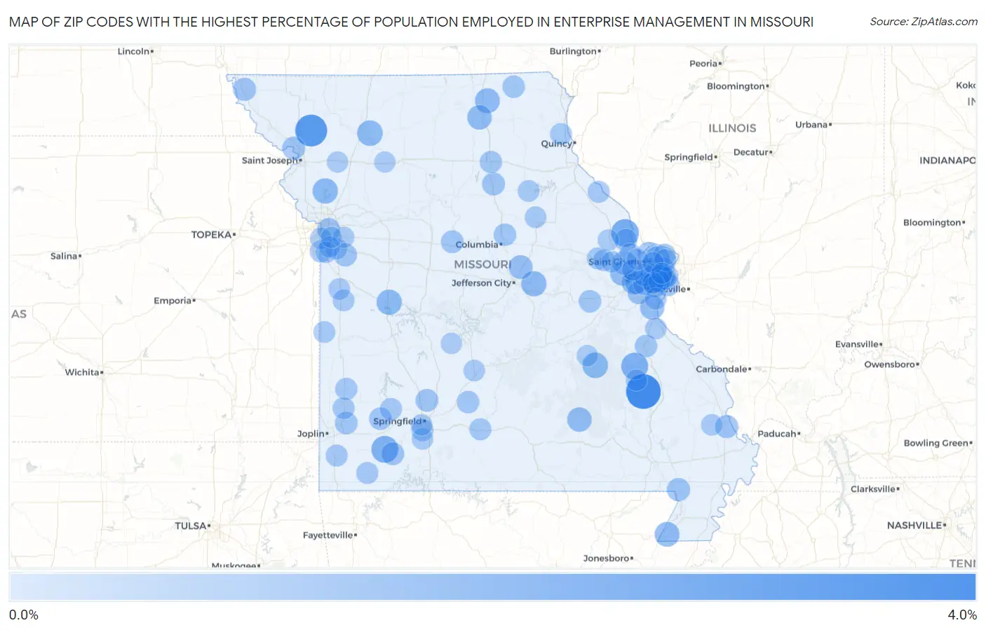Zip Codes with the Highest Percentage of Population Employed in Enterprise Management in Missouri Map