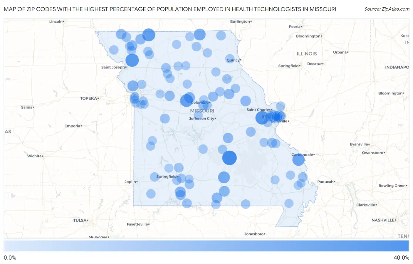 Zip Codes with the Highest Percentage of Population Employed in Health Technologists in Missouri Map