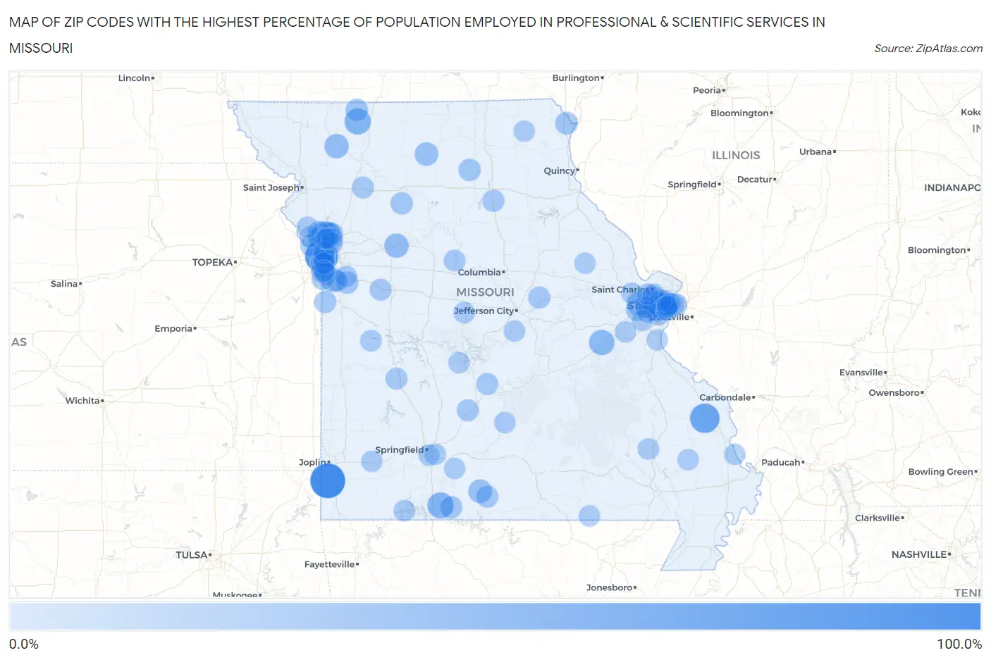 Zip Codes with the Highest Percentage of Population Employed in Professional & Scientific Services in Missouri Map