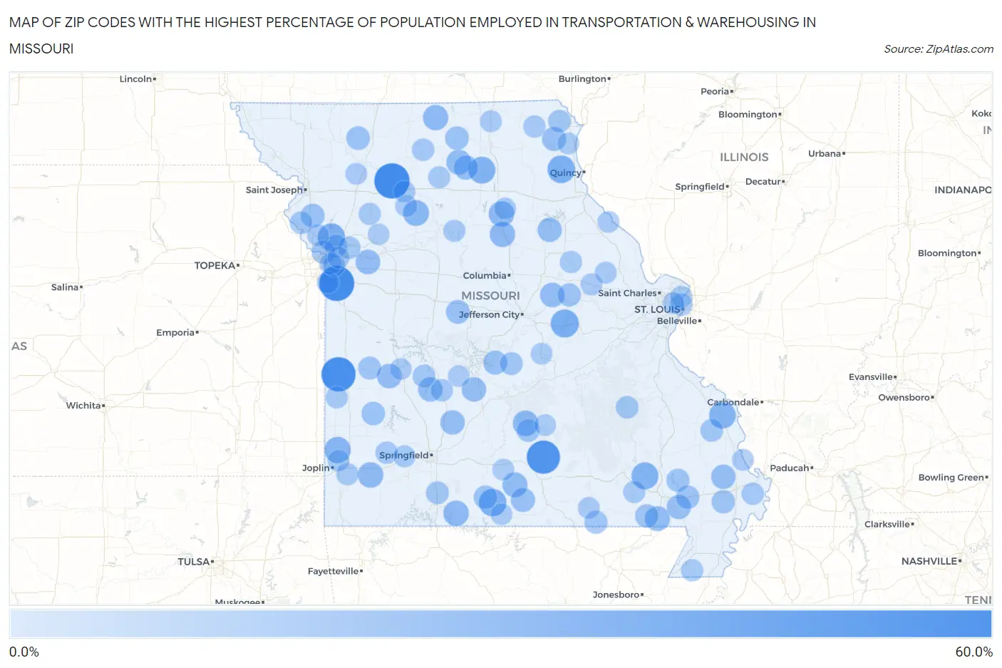 Zip Codes with the Highest Percentage of Population Employed in Transportation & Warehousing in Missouri Map