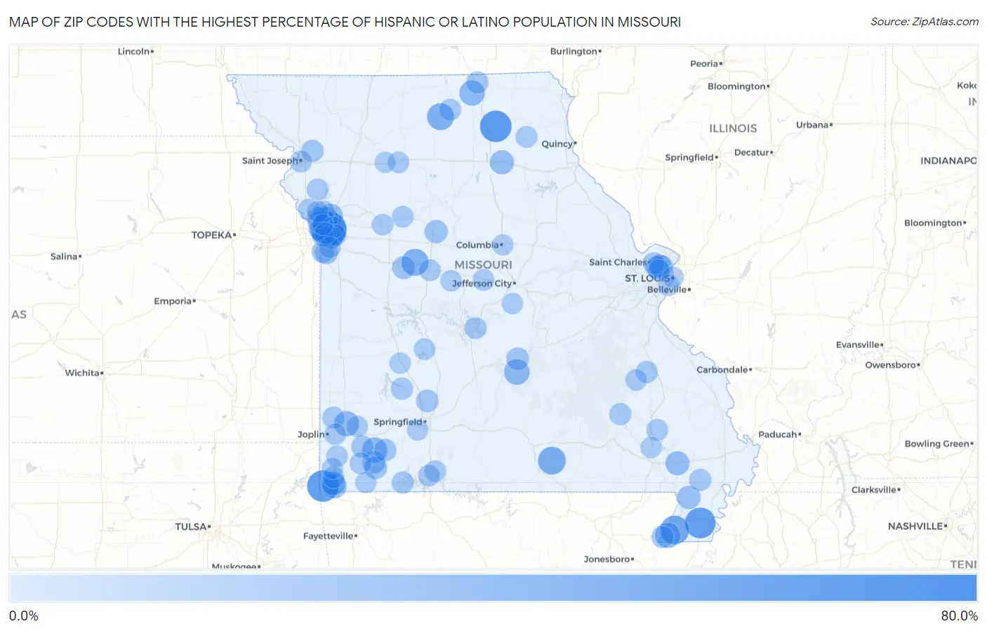 Zip Codes with the Highest Percentage of Hispanic or Latino Population in Missouri Map