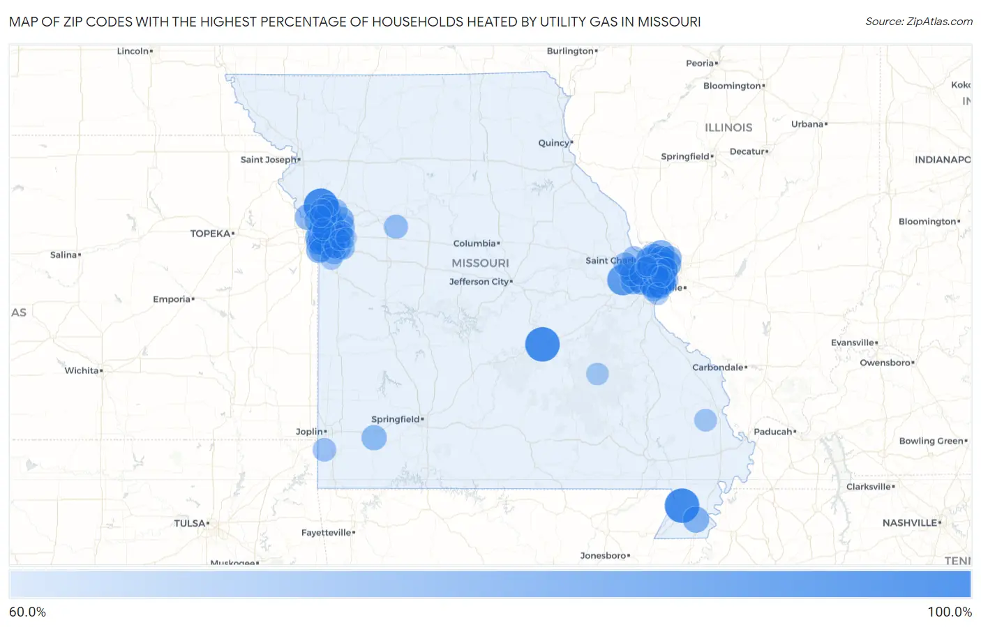 Zip Codes with the Highest Percentage of Households Heated by Utility Gas in Missouri Map