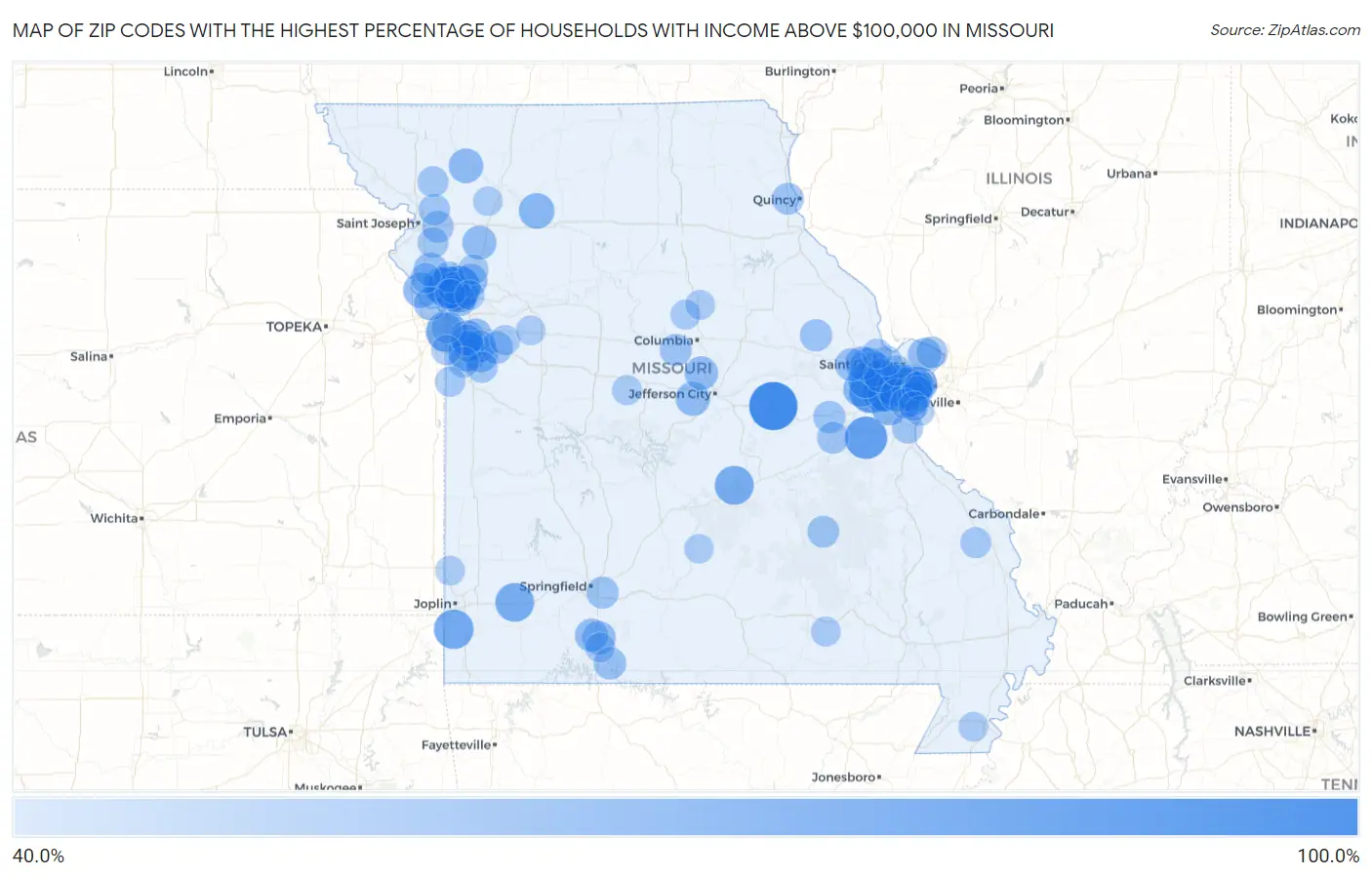 Zip Codes with the Highest Percentage of Households with Income Above $100,000 in Missouri Map