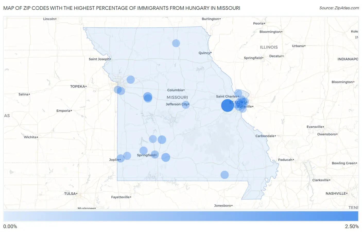 Zip Codes with the Highest Percentage of Immigrants from Hungary in Missouri Map