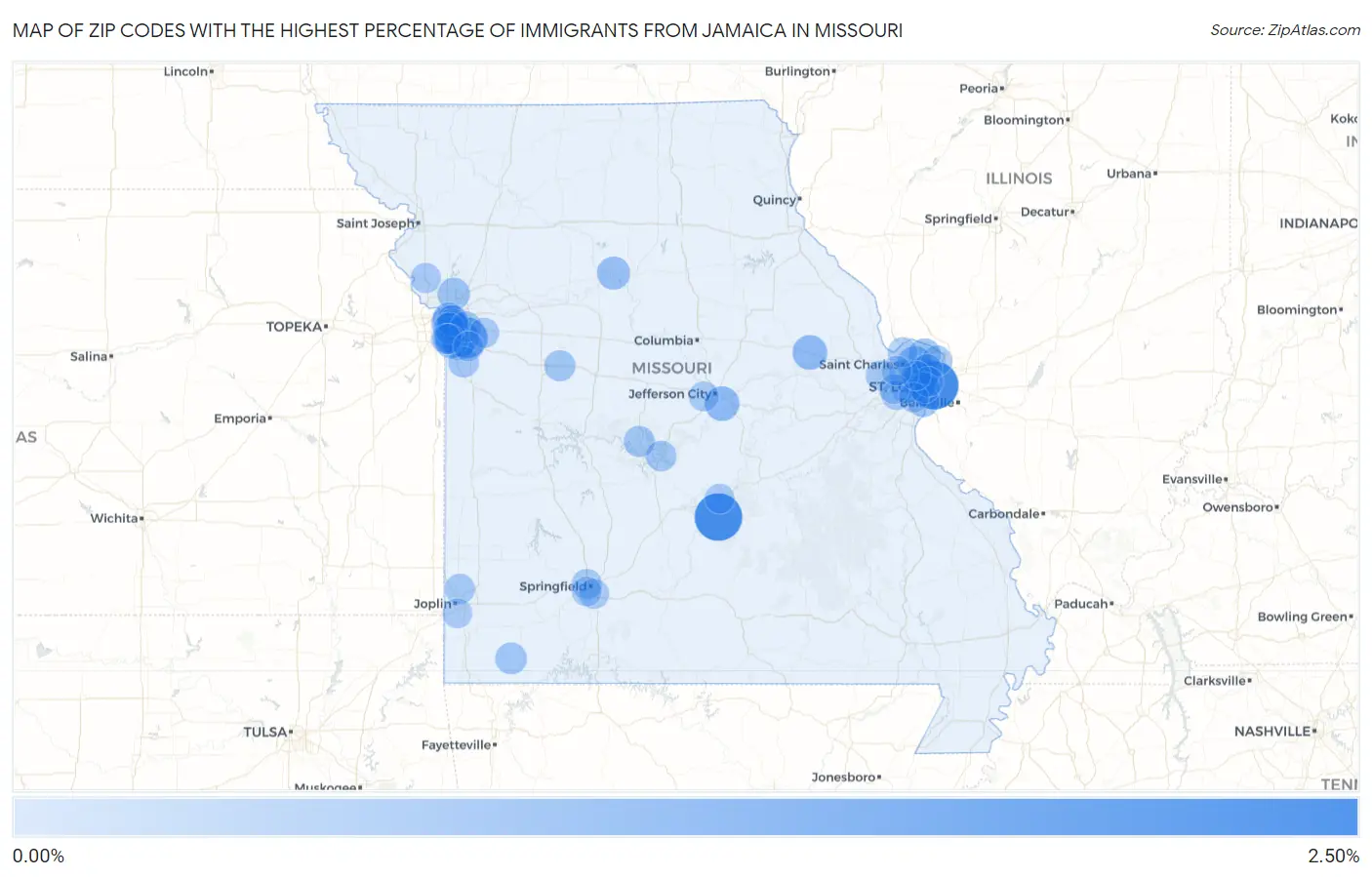 Zip Codes with the Highest Percentage of Immigrants from Jamaica in Missouri Map